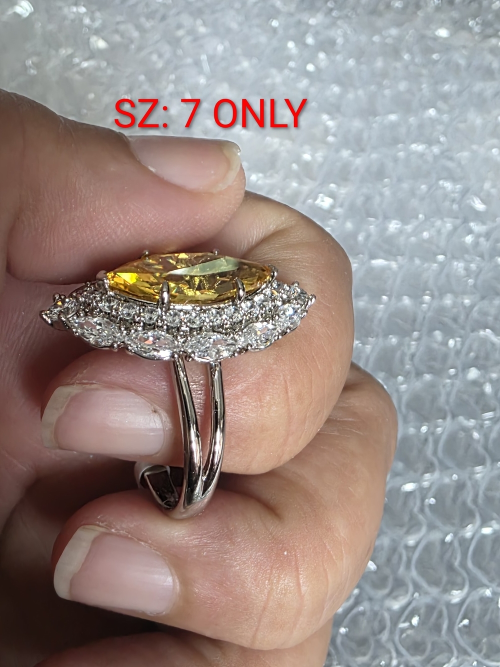 14k Silver Plated Yellow Gemstone Halo Cocktail Ring - Size 7